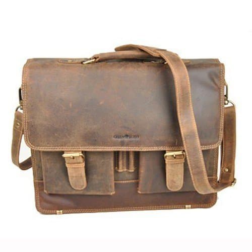 Brown leather Old School Greenburry briefcase for teachers with 2 gussets