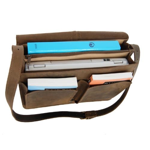 Brown leather satchel with 2 gussets and well-organised interior layout