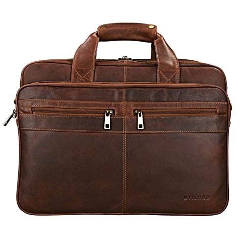 Business computer bag with brown leather shoulder strap Stilord with large capacity luggage loops