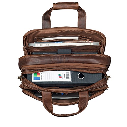 Business computer bag with brown leather shoulder strap Stilord with large capacity luggage loops
