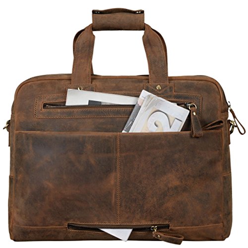 Business computer bag with brown leather shoulder strap Stilord with luggage loops