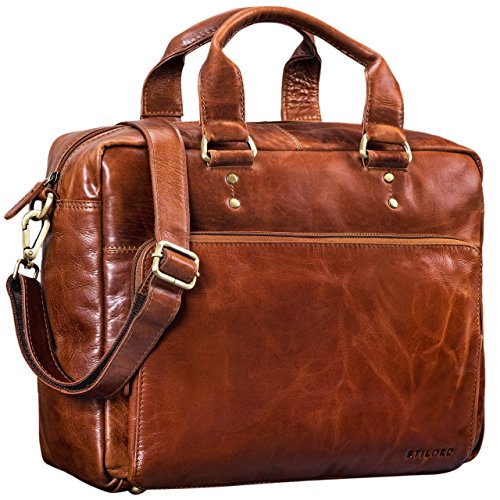Business computer bag with shoulder strap in cognac brown leather Stilord