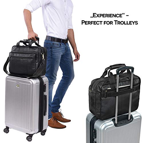 Business laptop bag with black leather shoulder strap Stilord for laptop adaptable on trolley case