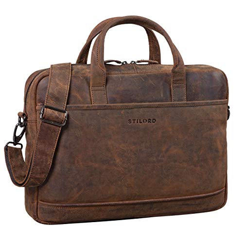 Business laptop bag with contemporary brown leather shoulder strap Stilord for laptop