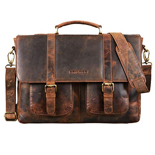 Contemporary and vintage look for this prof XL brown leather shoulder briefcase with vintage Stilord leather shoulder strap and twin pockets.