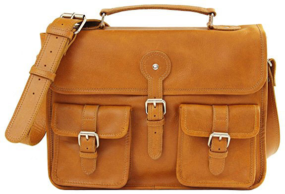 Adult unisex shoulder bag in full grain camel leather, for teachers or students. Teacher's schoolbag for 13 inches computer, French designer Xavier Valentin, Émile schoolbag