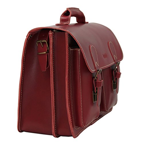 Red leather satchel for women, teacher look, 40 cm x 30 cm x 15,5 cm