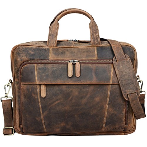 Stilord 2-compartment satchel for 15.6" laptop in brown leather with shoulder strap