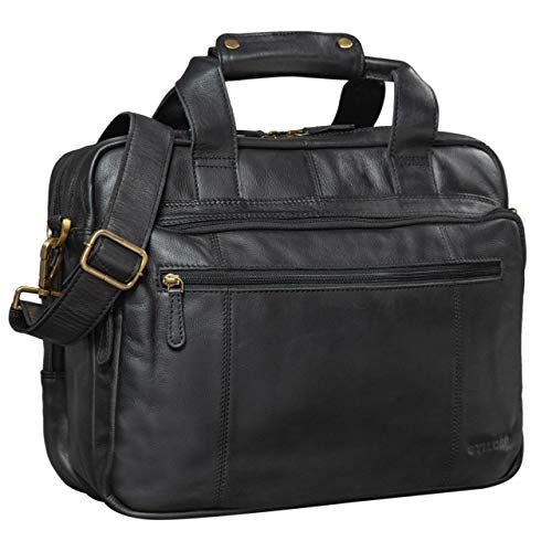 Stilord black leather business computer bag with shoulder strap for laptop