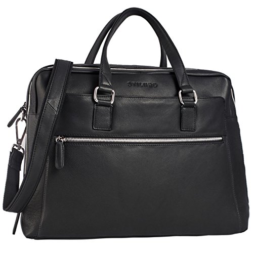 Stilord black leather business computer bag with shoulder strap for laptop