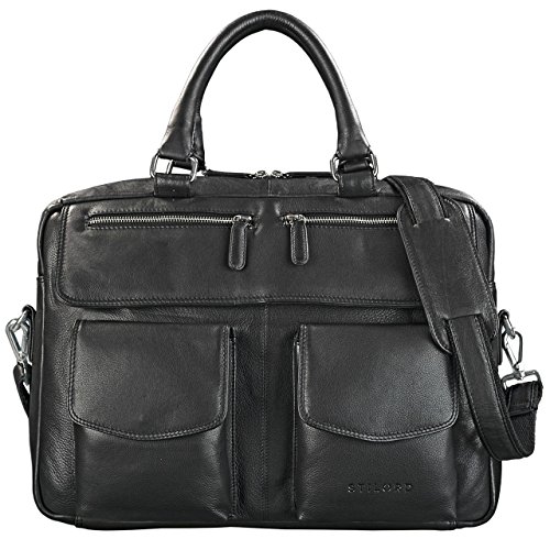 Stilord black leather computer bag with shoulder strap Stilord with twin pockets