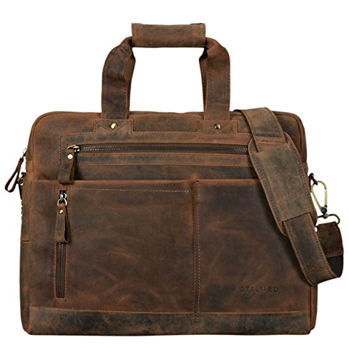Stilord brown leather business computer bag with shoulder strap