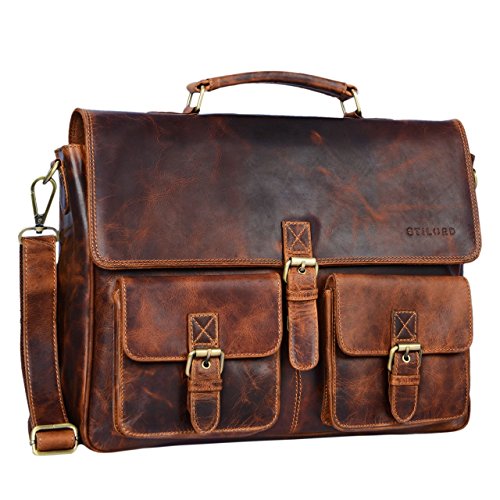 Stilord cognac leather satchel bag for 15.6" laptop computer