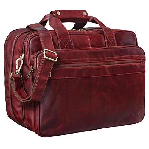 Stilord deep red leather computer bag with shoulder strap