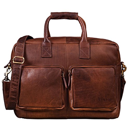 Stilord Henri leather computer bag with shoulder strap and large twin pockets